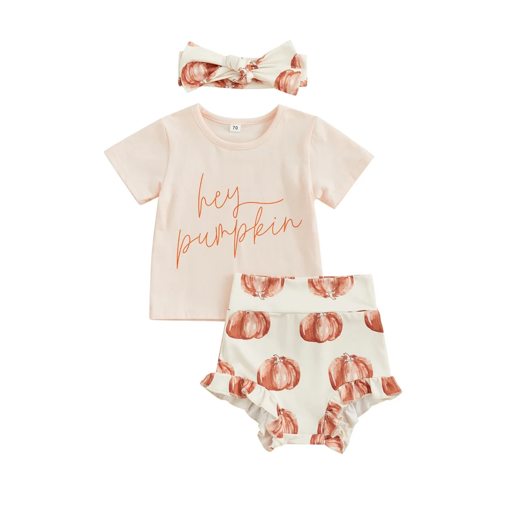 Baby Girl Summer Outfits Letter Print Tops and Pumpkin Shorts Headband