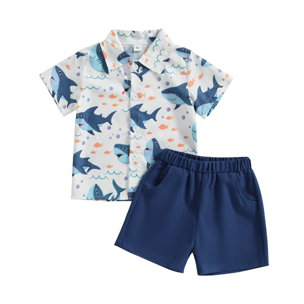 Boys Beach Outfits, Shark Print Short Sleeve Shirt + Shorts Set