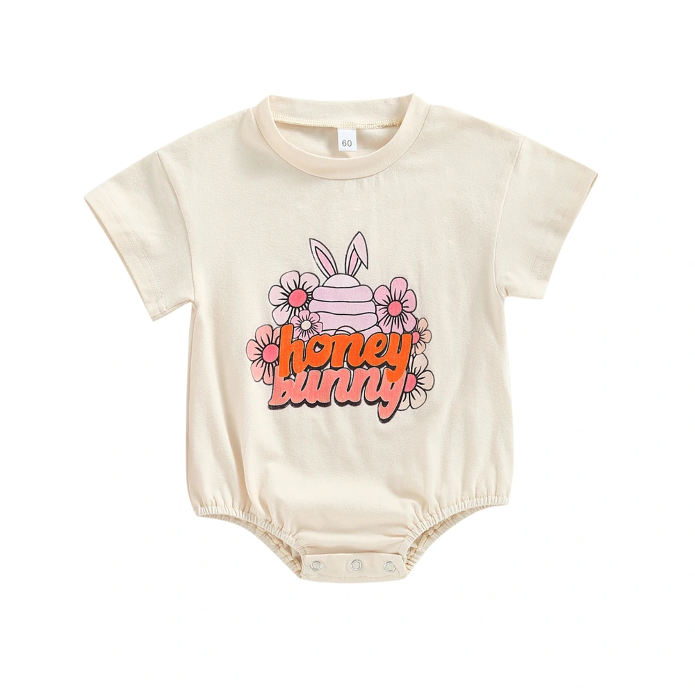 Baby Easter Romper, Short Sleeve Floral Letter Print Newborn Bodysuit