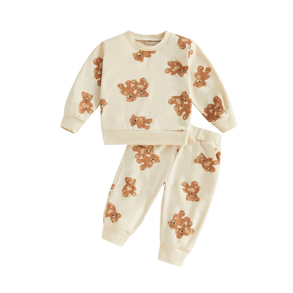 Baby Girls Boys Pants Set, Cartoon Bear Print Sweatshirt + Sweatpants