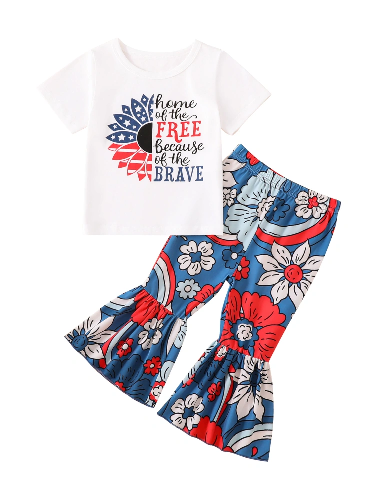 Toddler Girls 4th of July Outfits, Sunflower Tops + Flare Pants Set