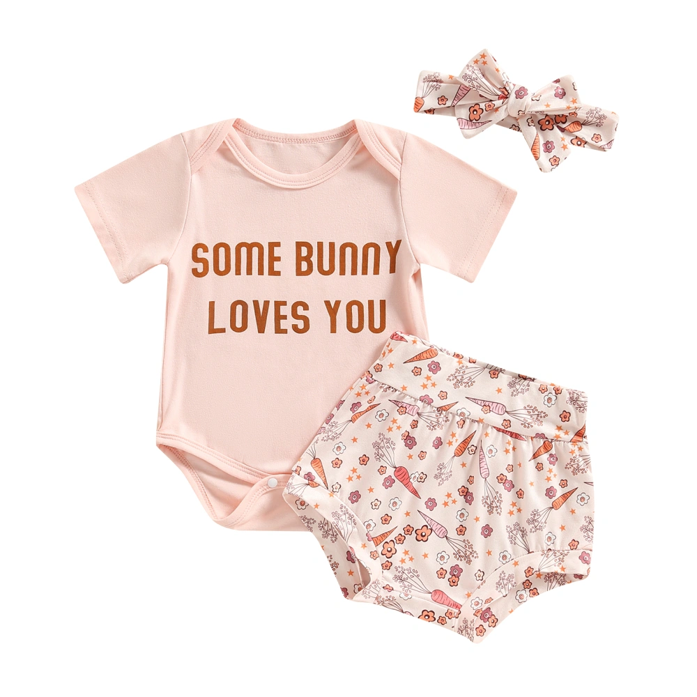 Baby Girls Shorts Set, Letters Romper + Carrots Shorts + Hairband