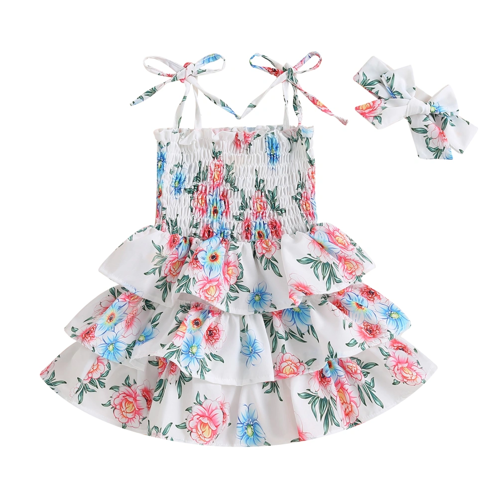 Girls Sleeveless Backless Tiered Ruffle Floral Dress with Headband