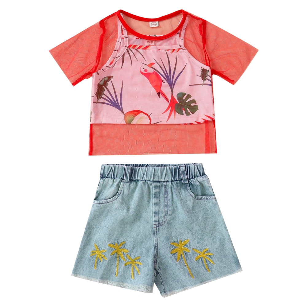 T-shirt + Bird & Leaf Print Crop Tops + Coconut Tree Pattern Jeans