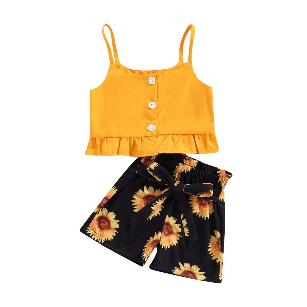 Kids Girls Summer Outfits, Cami Tops + Sunflower Belted Shorts Set