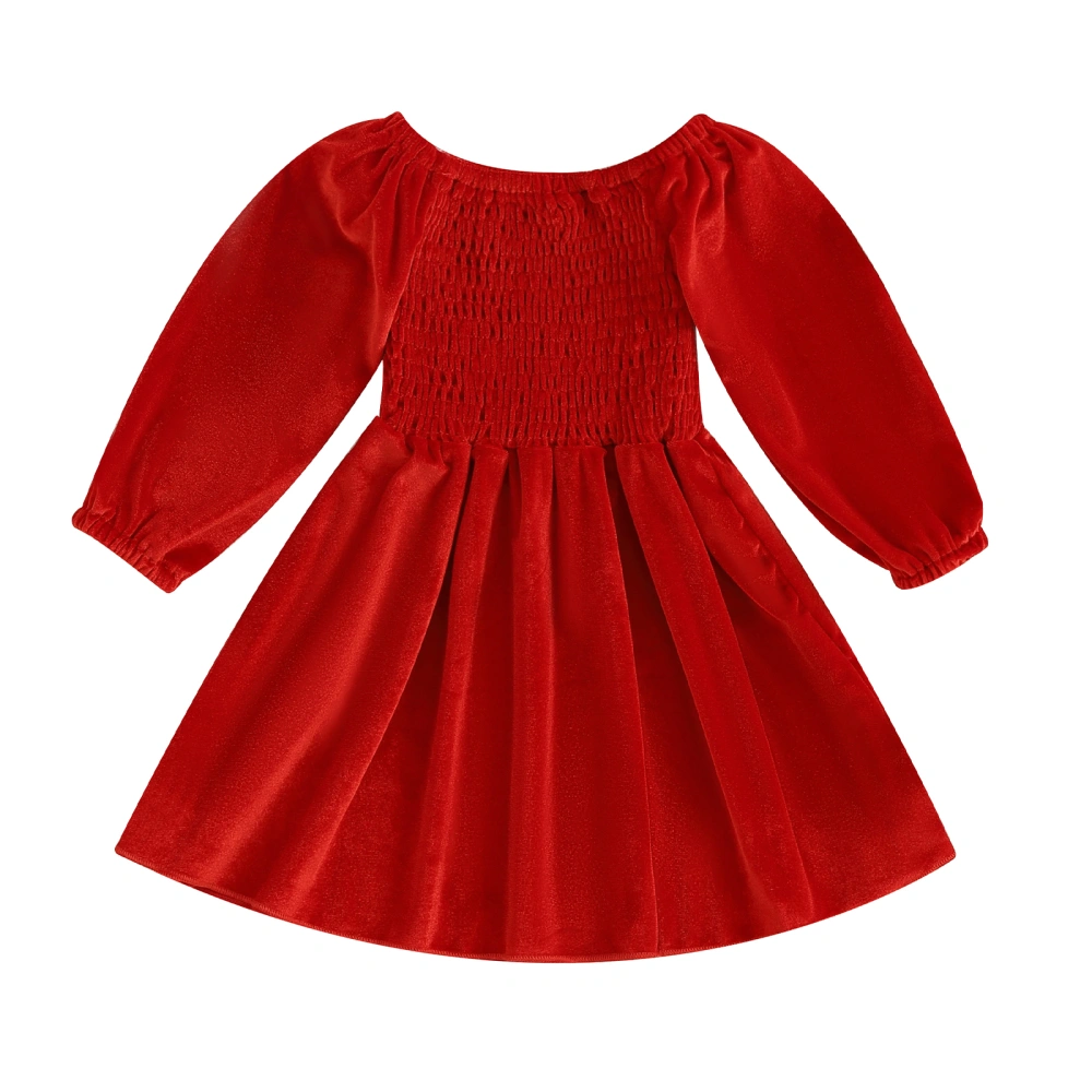 Girls Christmas Dress, Long Sleeve Pleated Solid Party A-line Dress