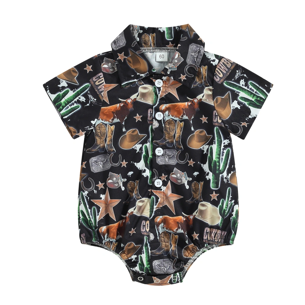 Baby Boy Romper Shirt, Short Sleeve Button Down Cow Print Bodysuit