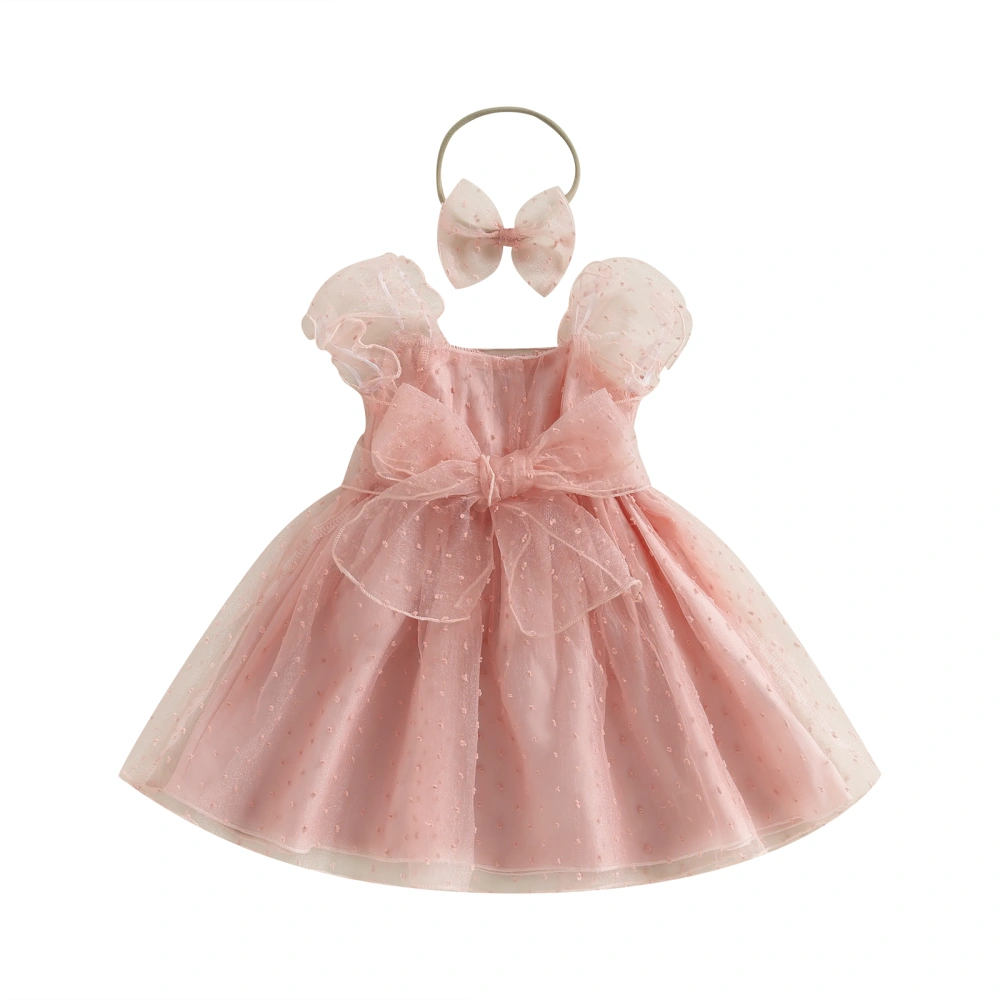 Girls Princess Dress Swiss Dot Puff Sleeve Bowknot Dress with Headband