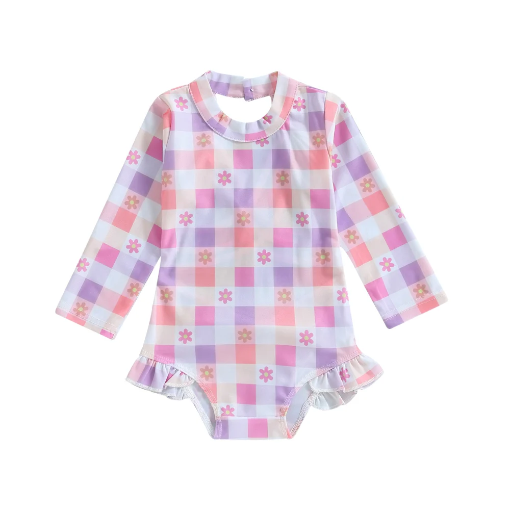 Toddler Girls Long Sleeve O Neck Casual Plaid Romper Bathing Suit