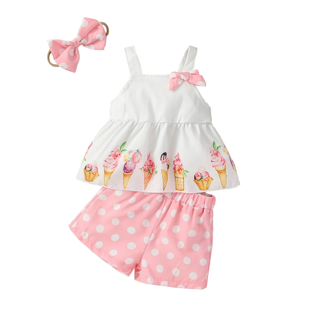 Kid Girls Ice Cream Print Vest Tops + Loose Shorts + Head Band 