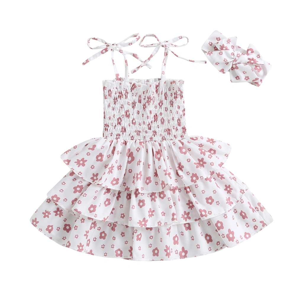 Kids Girls Dress Flower Print Tie Knot Straps Sleeveless Sling Dress