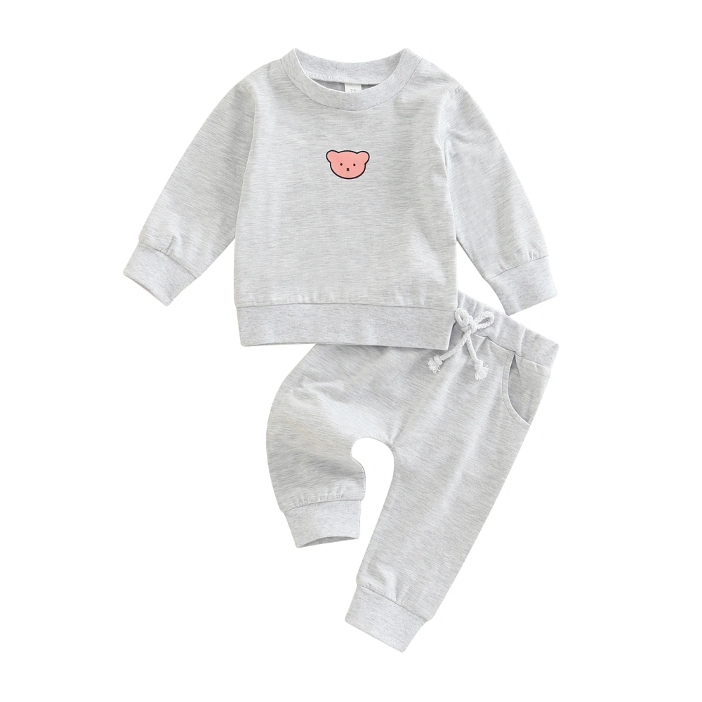 Baby 2 Pieces Outfit, Bear Print Tops + Solid Color/Stripe Pant