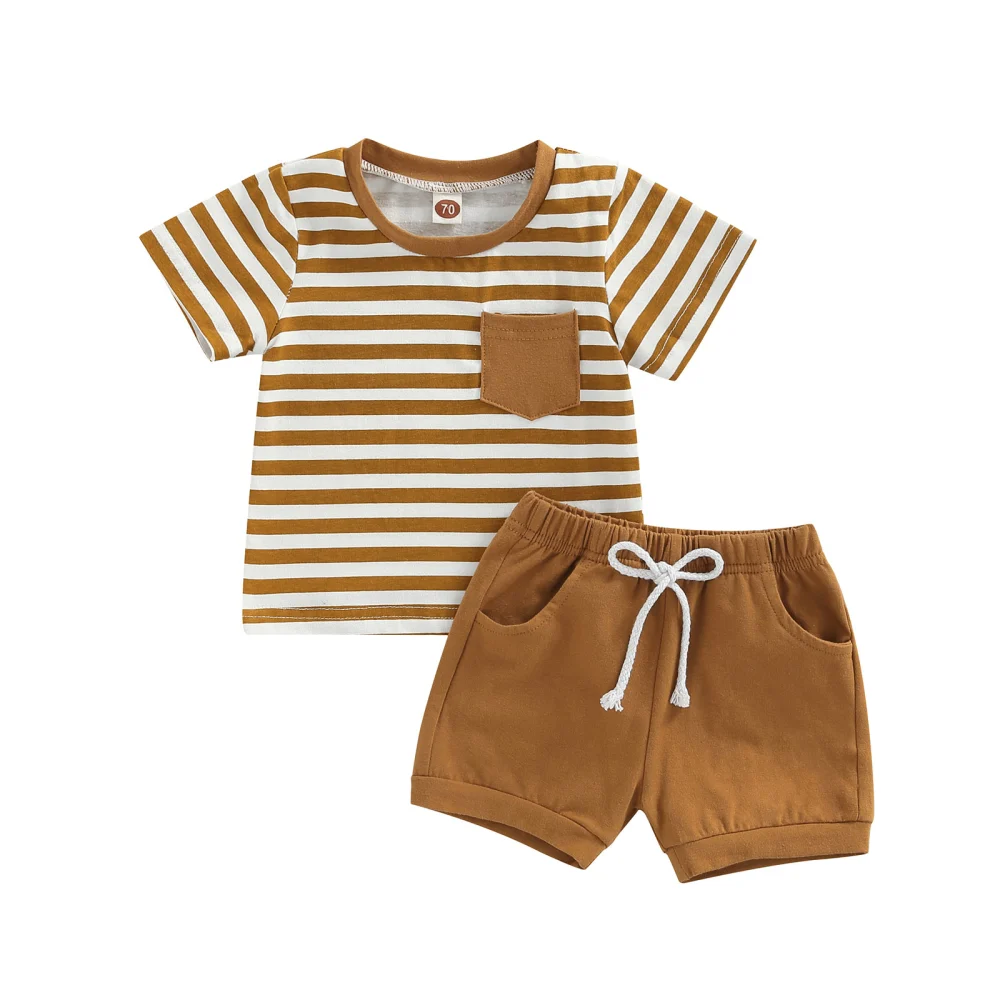 Baby Boys Short Set, Short Sleeve Stripes T-shirt with Solid Shorts