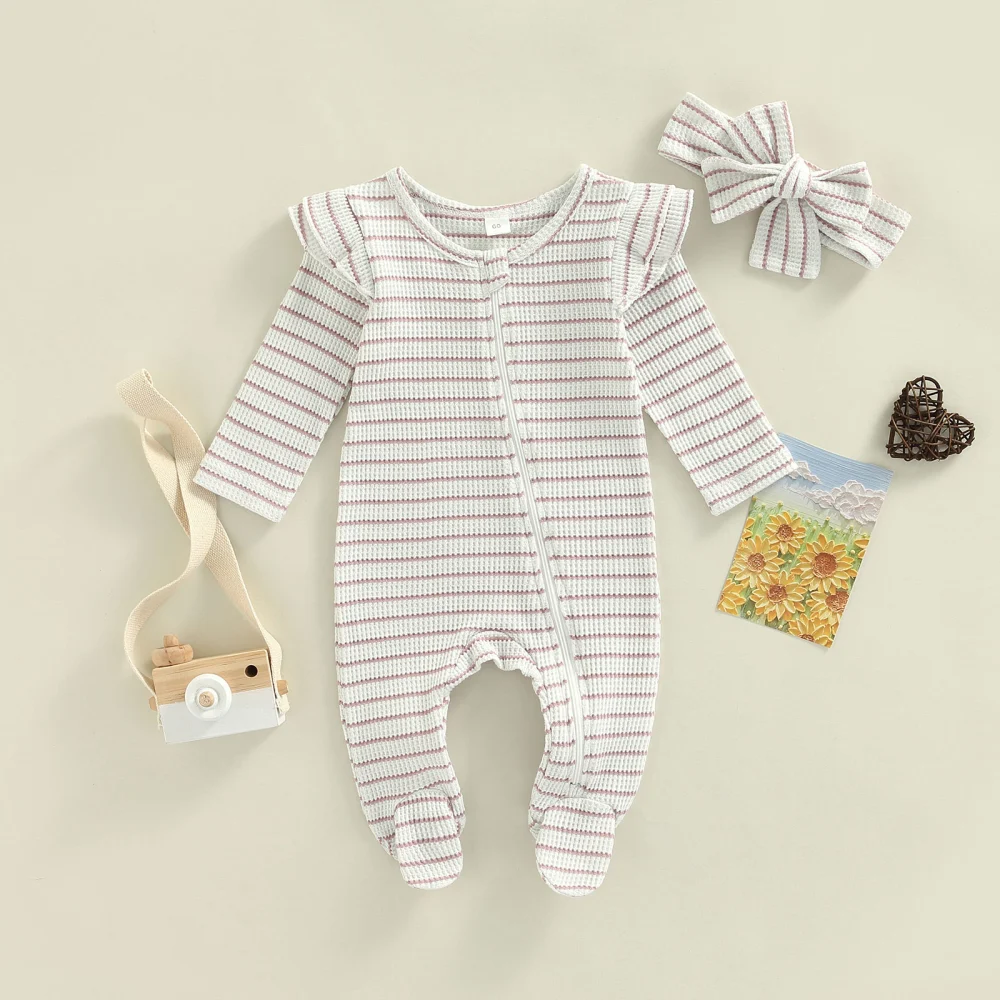 Baby Girls Long Sleeve Zipper Ruffle Patchwork Romper+Headband  