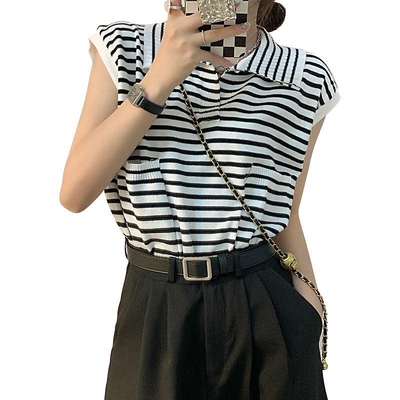 Women Stripe Knitwear Tops, Lapel Collar Sleeveless Sweater Pocket 