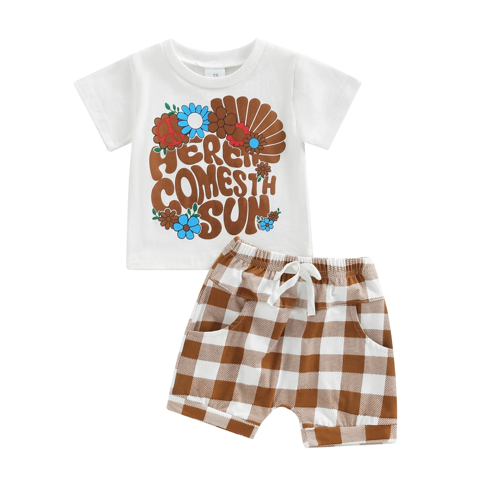 2PCS Baby Summer Outfits, Floral Print T-Shirt + Plaid Shorts Set