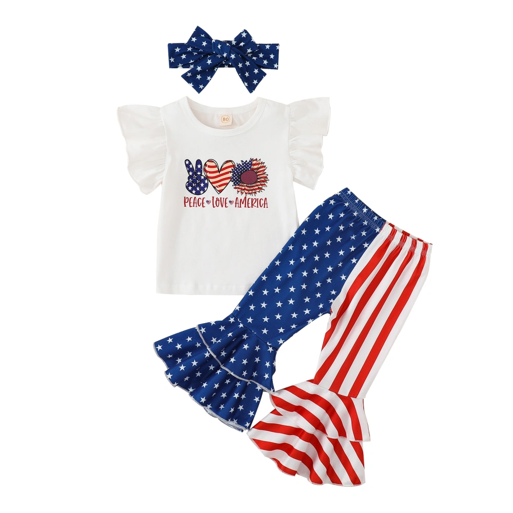 Kids Girls Pants Set, Letters T-shirt + Stars Striped Pants + Headband