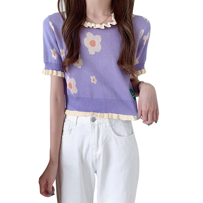 Women Summer Knitted T-shirts Ruffled Trim Floral Short Sleeve Tops 