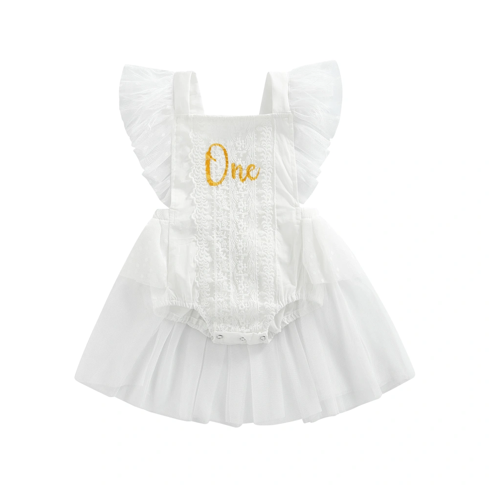 Baby Girl’s Letter Mesh Yarn Skirt Tie-up Feather Fly Sleeve Romper