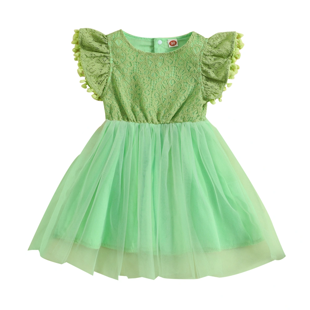 Girl Short Sleeve Round Neck Floral Lace Tulle Princess A-Lined Dress