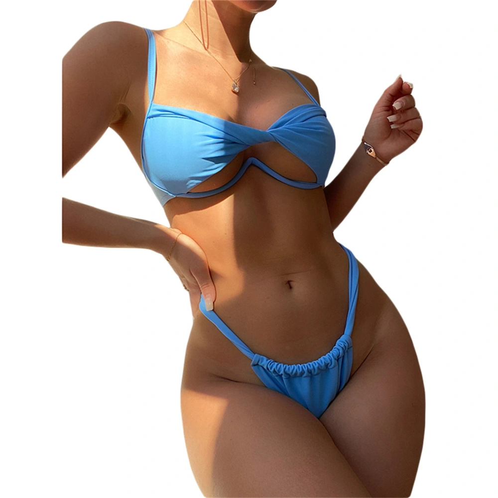 Women's Pure Color Swimsuit, Push-Up Cutout Bikini Bra + Swim Briefs