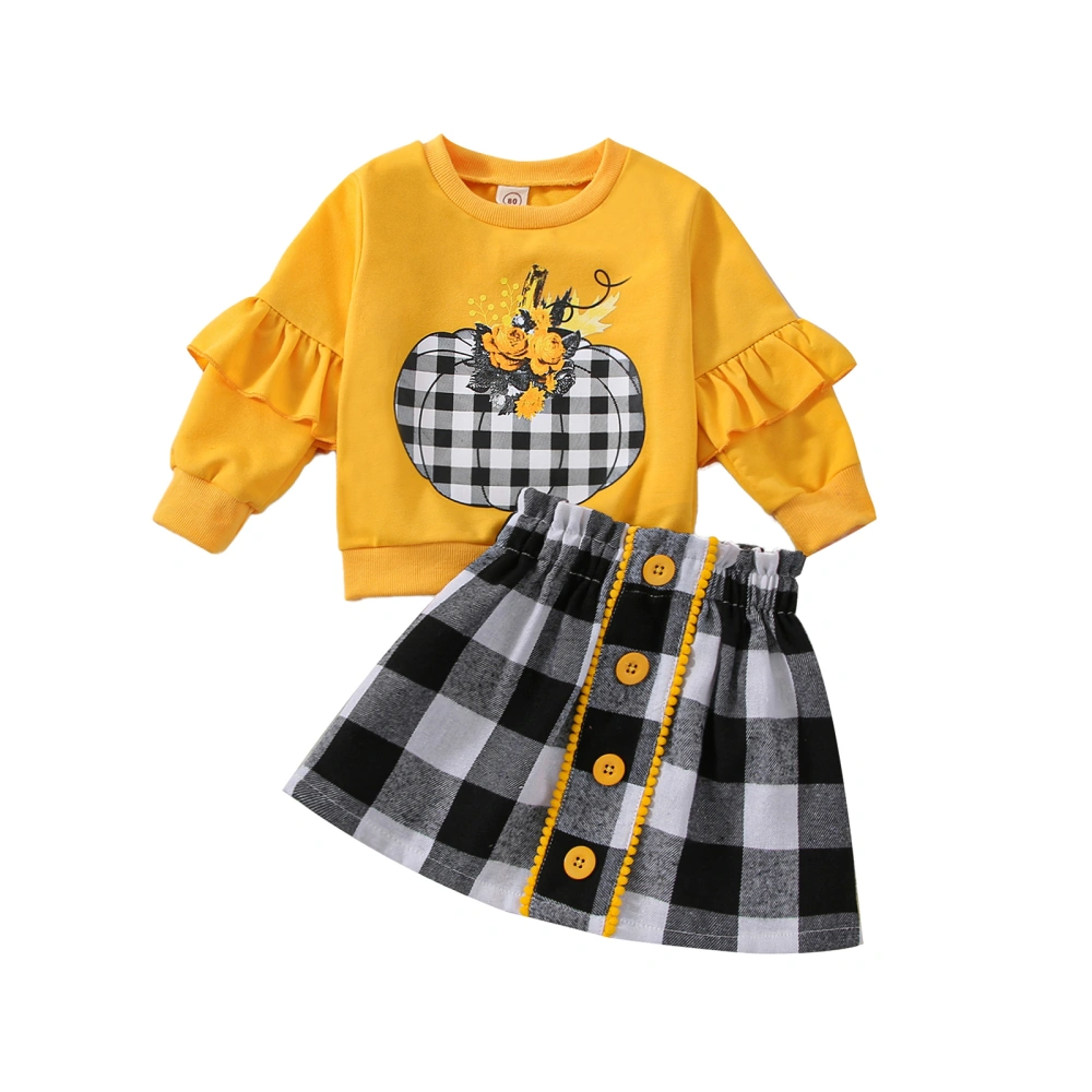 Girl Halloween Pumpkin Long Sleeve Ruffled Pullover + Plaid Skirt