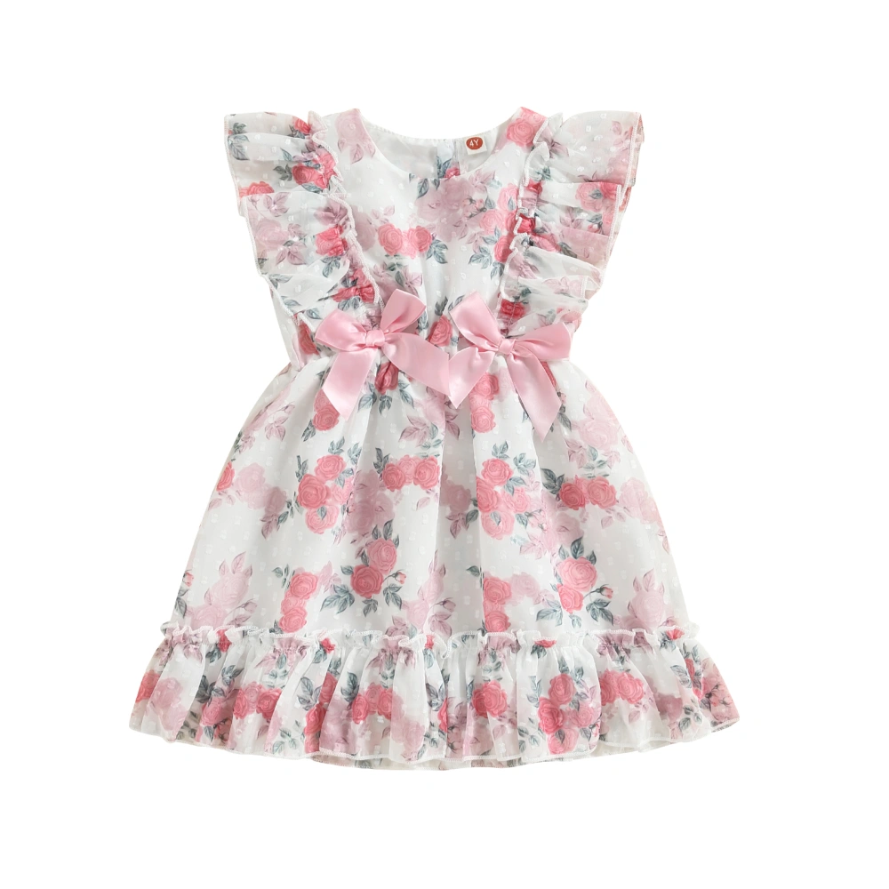 Kids Girl’s A-line Dress, Fly Sleeve Flower Print Bowknot Summer Dress