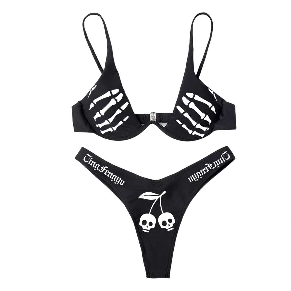 Women Split Swimsuit Set, Skull Print Deep V-neck Bikini+Panties