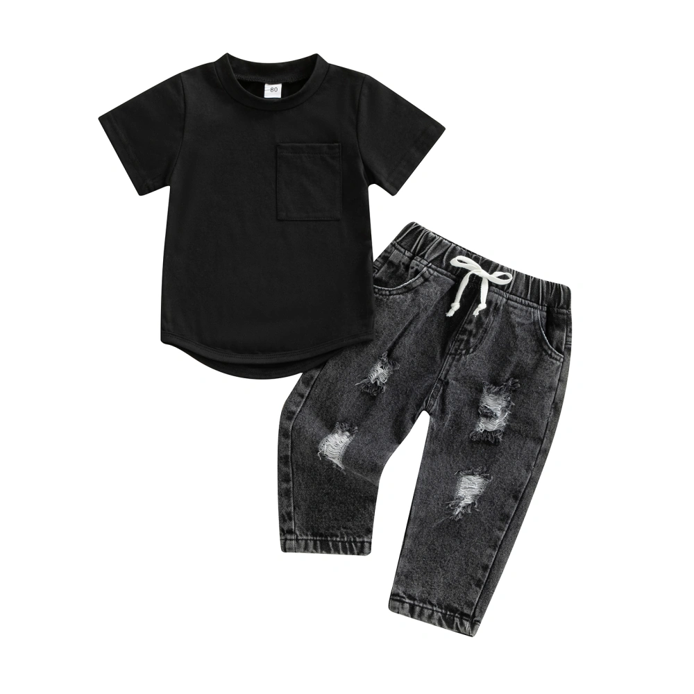 Infant Boys 2 Pieces Outfits, Solid Color Shirt Tops + Ripped Jeans