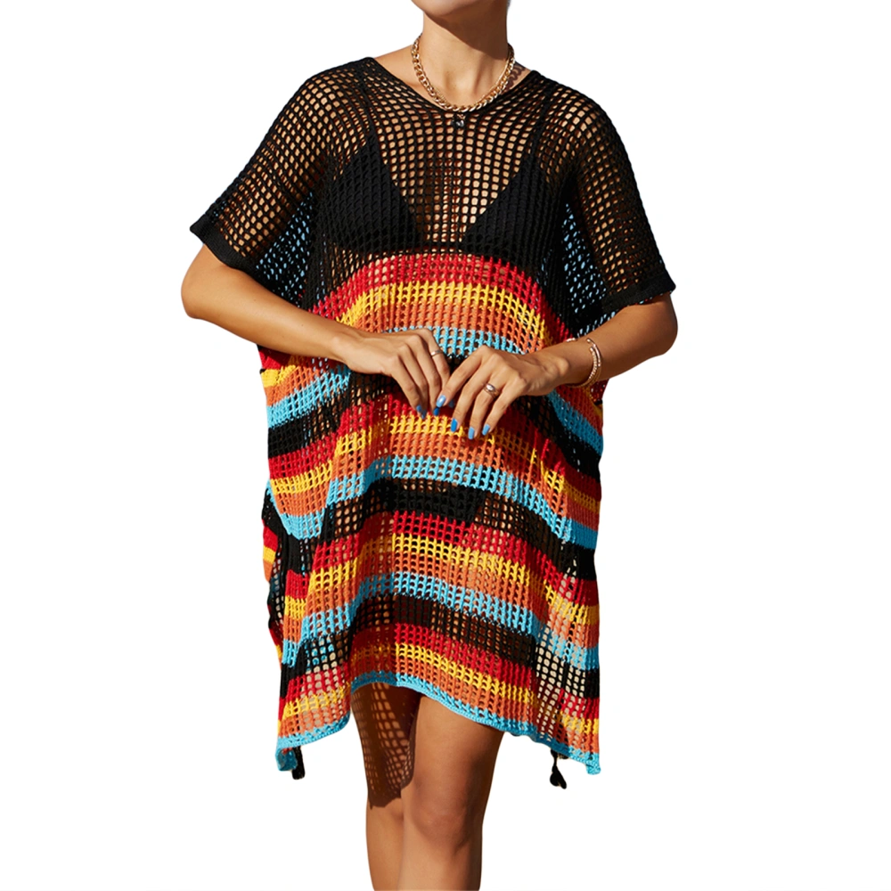 Women Bikini Cover-Ups Hollow-Out See-Through Colorful Stripe Blouse