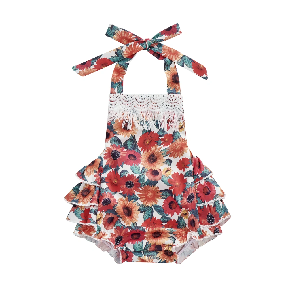 Baby Girl Romper Floral Sleeveless Hanging Neck Jumpsuit, Red