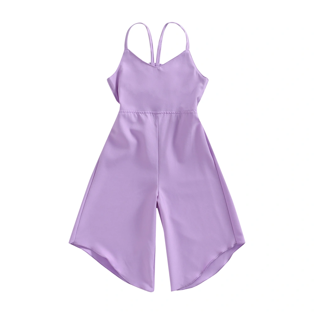 Kids Girls Long Jumpsuit Solid Color V-neck Suspender Bodysuit