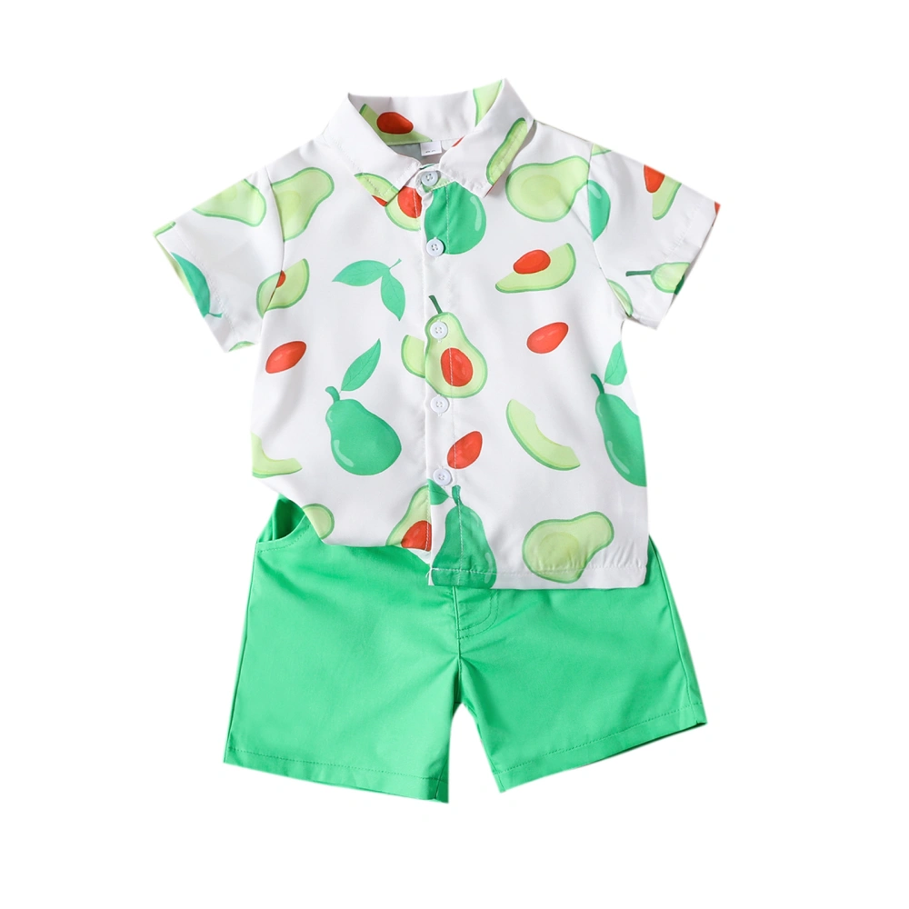 Boys Short Sleeve Lapel Avocado Print Button Shirt + Green Shorts