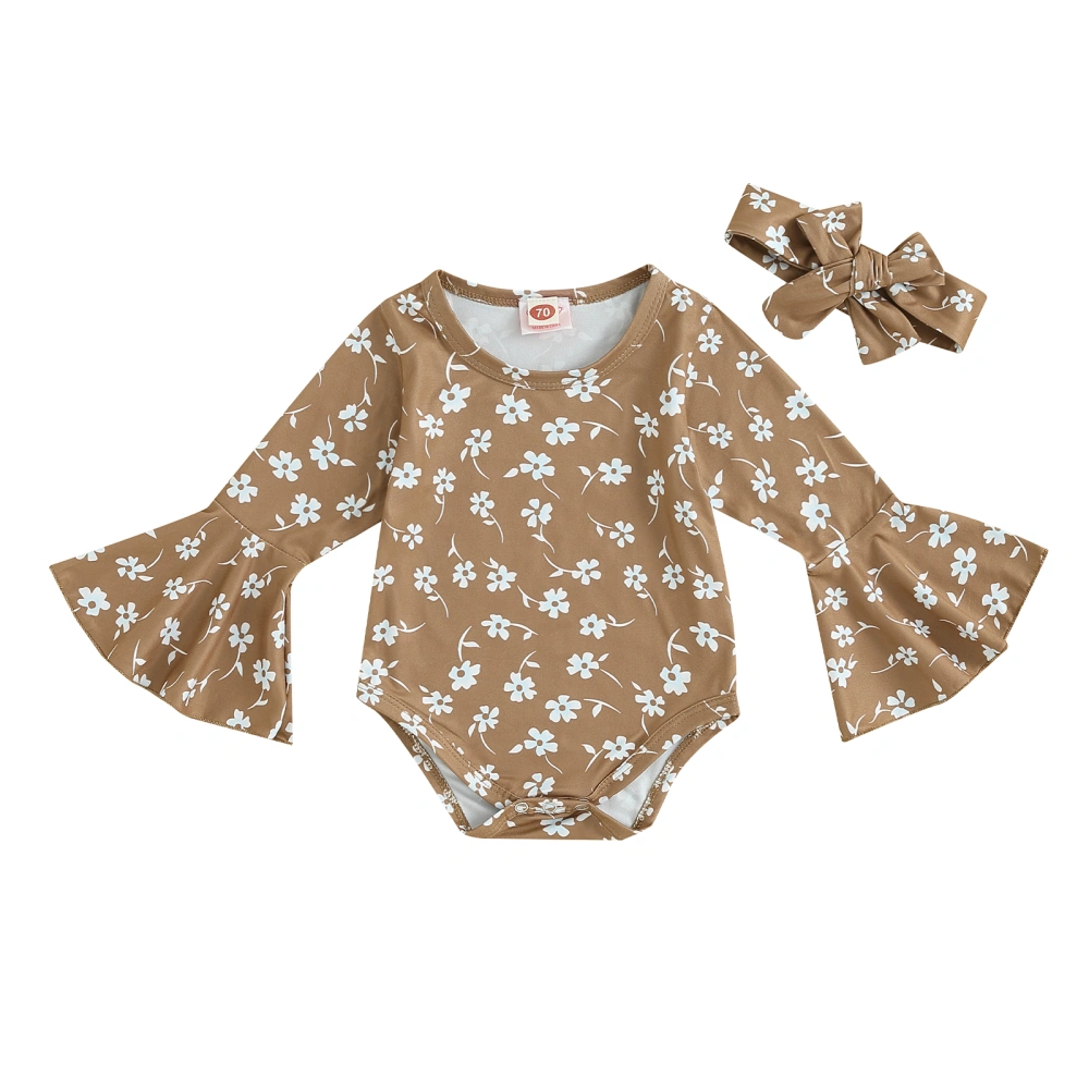 Newborn Girl Outfit, Long Sleeve Crew Neck Flower Romper with Hairband