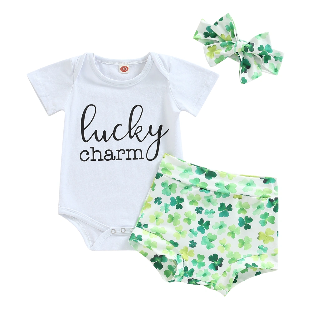 Baby Girls Shorts Set, Letters Print Romper + Clover Shorts + Hairband