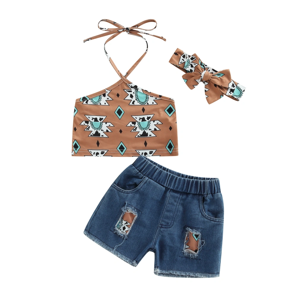 Kids Girl Summer Outfits Geometric Gem Print Tops Shorts Headband