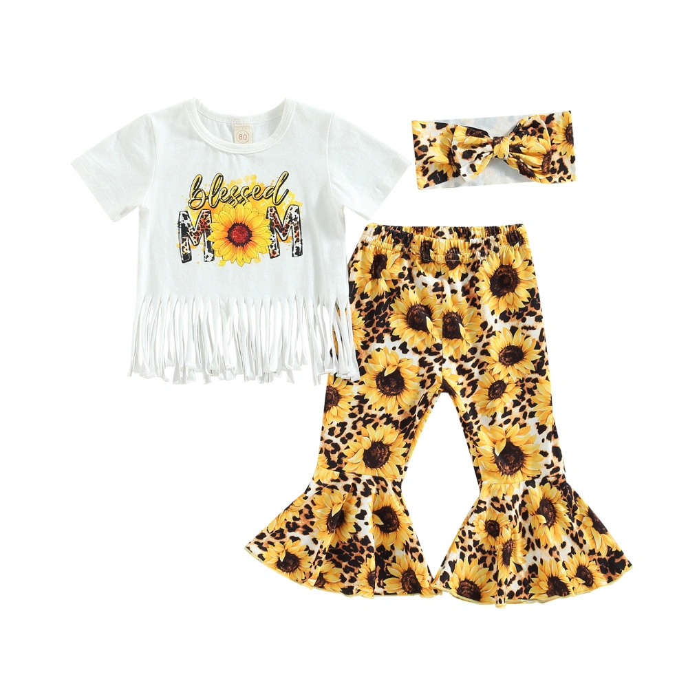 Girls Letter Tassel Tops + Sunflower Print Flared Pants + Headband