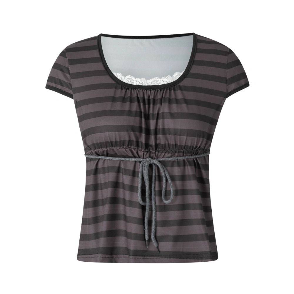 Women's Summer Short Sleeve U Neck Lace Trim Striped T-shirt