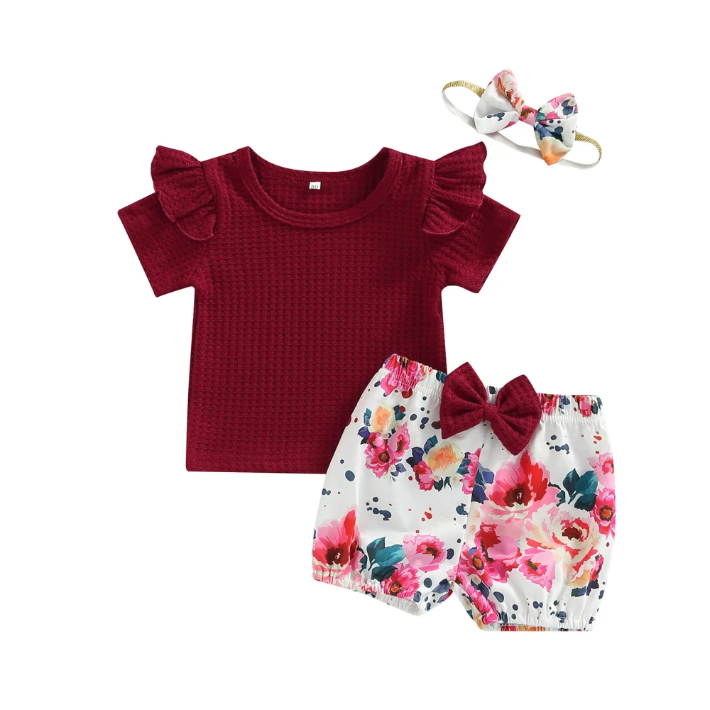 Girls Solid Color Short Sleeve T-shirt + Floral Shorts + Headband