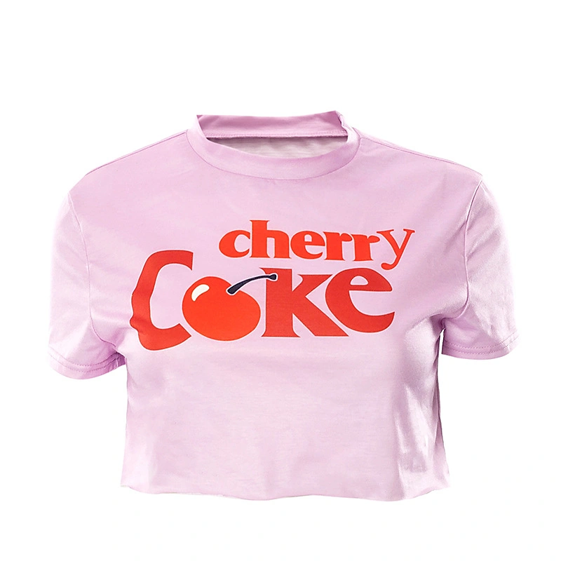 Women Crop Tops, Cherry & Letter Print Short Sleeve Round Neck T-shirt