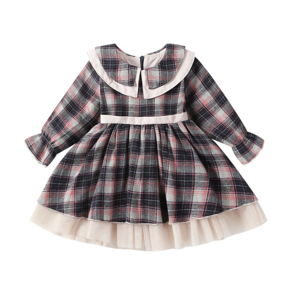 Girls Christmas Dress, Long Sleeve Plaid Tulle Patchwork A-line Dress