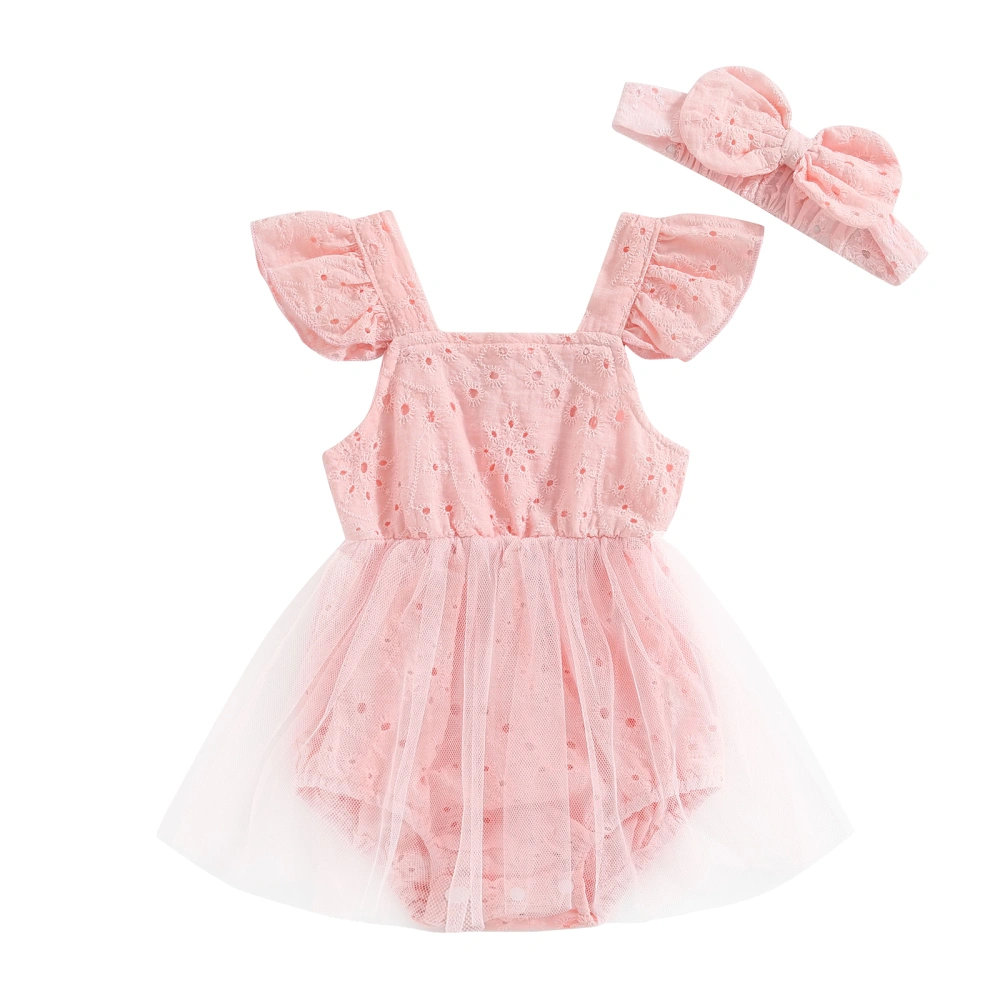 Girls Fly Sleeve Square Neck Tulle Romper Dress, Bow Headwear 