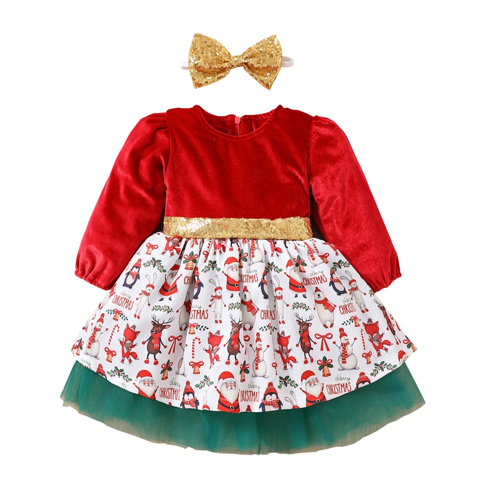 Girls Christmas Long Sleeve O Neck Cartoon Print Dress with Headband