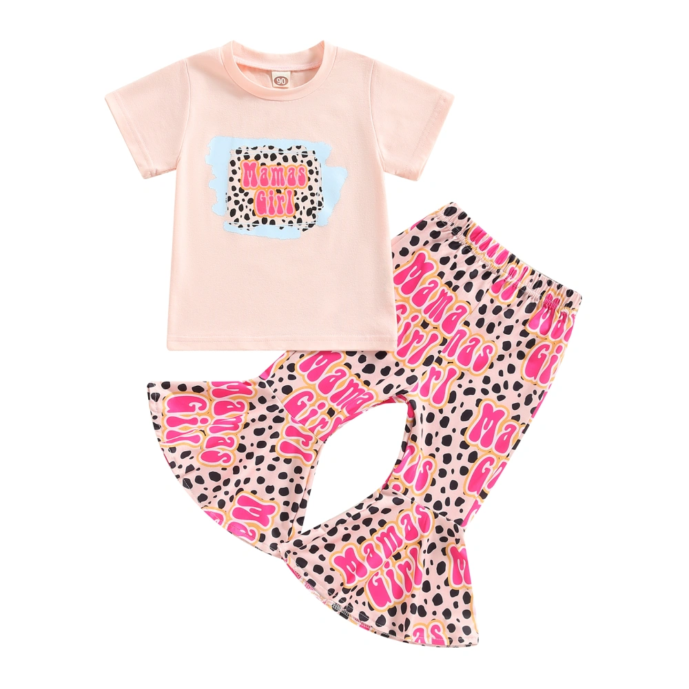 Toddler Girl Letter Print Short Sleeve T-Shirt + Cow Spot Flare Pants