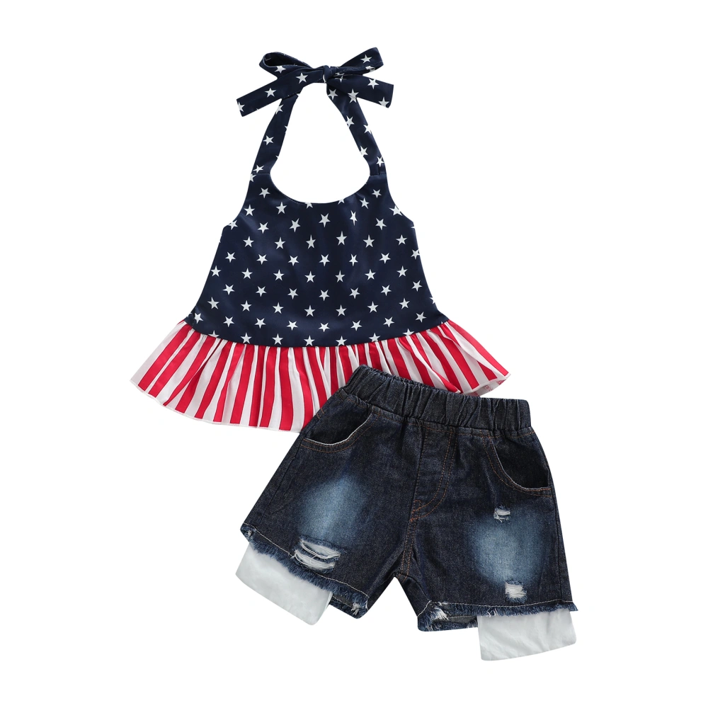 Tie-up Ruffled Star & Stripe Print Halter Tops + Ripped Jeans