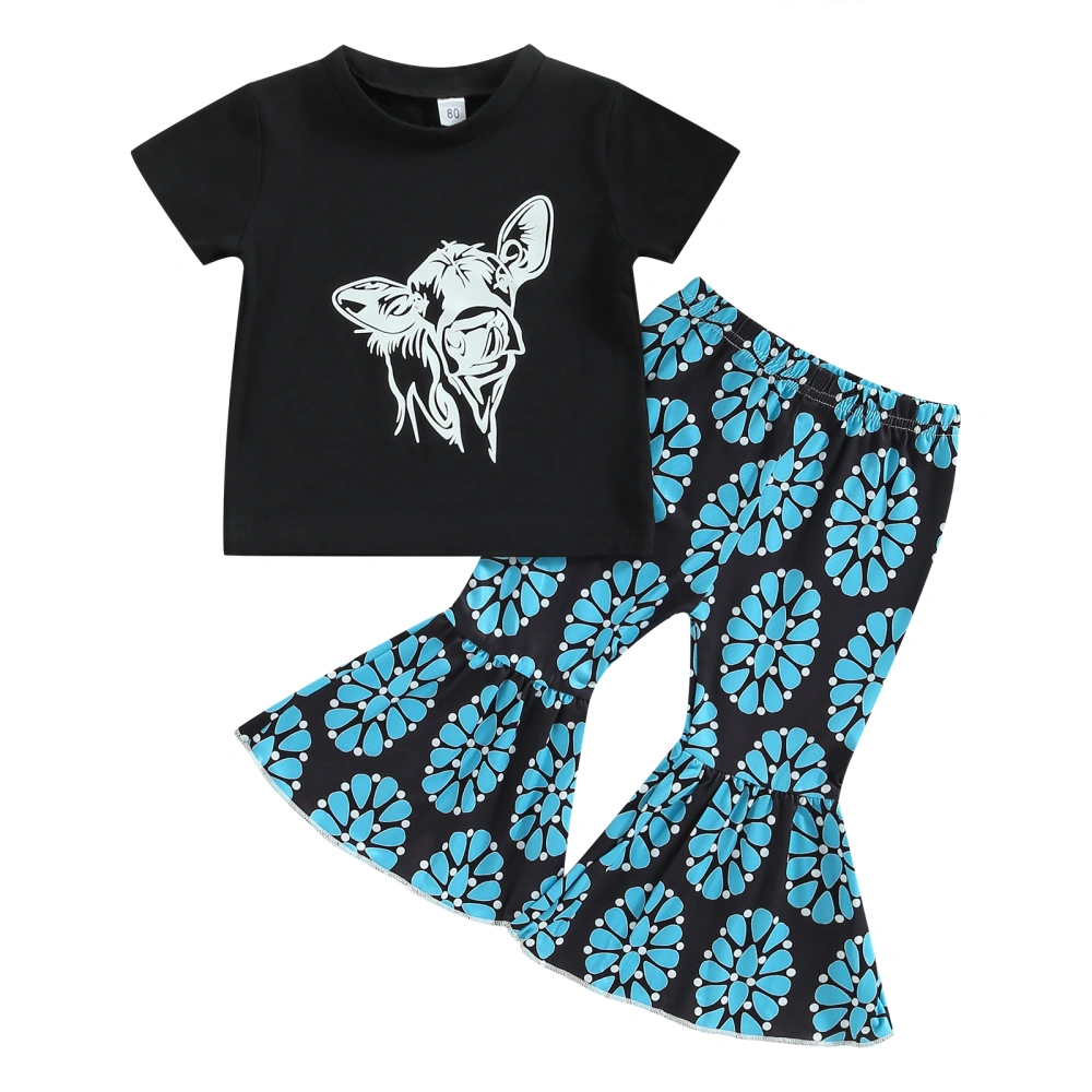 Girls Summer Outfits Bull Head Print T-shirt and Elastic Flare Pants 