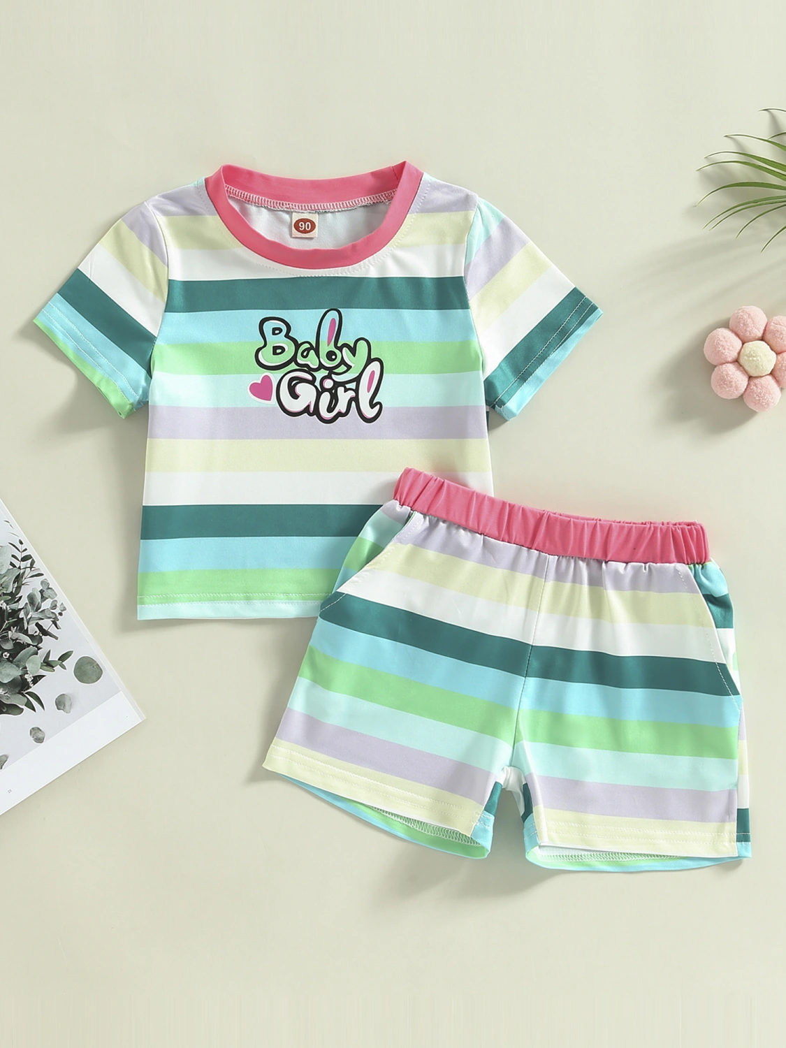 Girl Striped Print Letters Shirt + Casual Party Short Trousers 