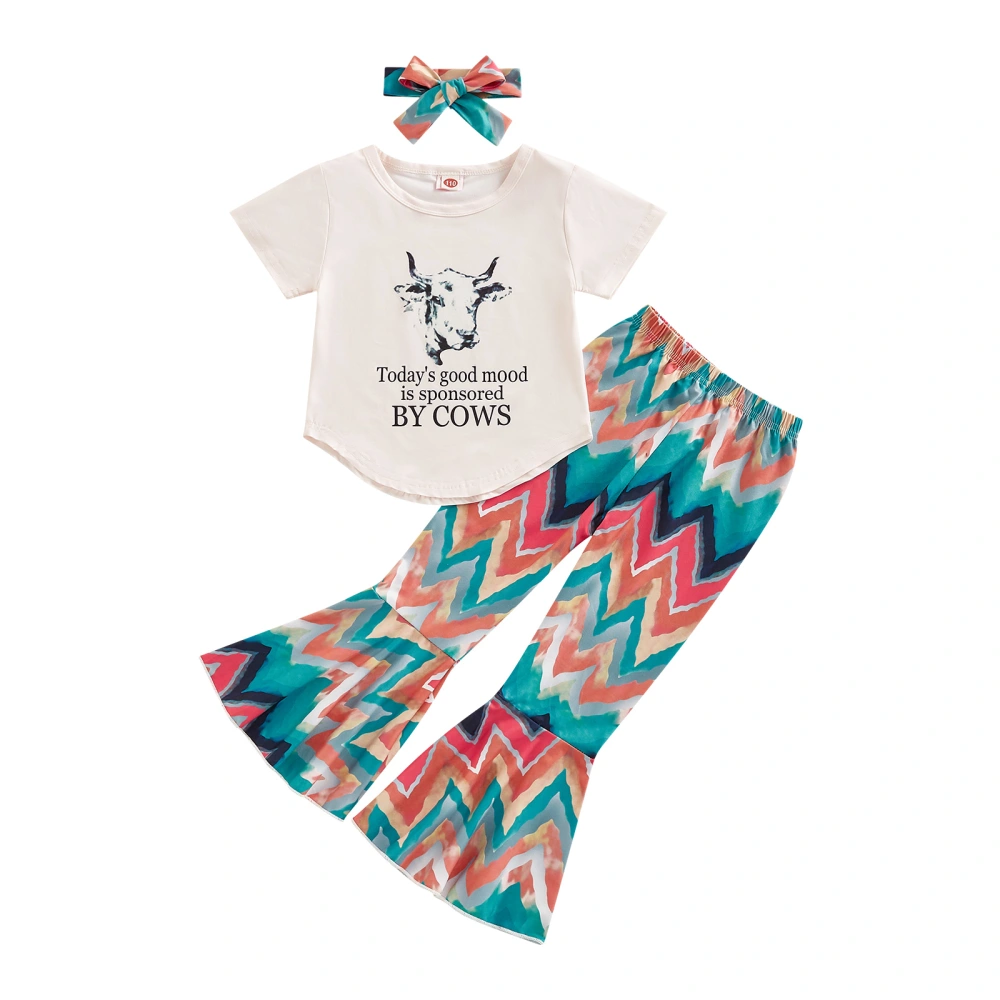 Girls Pants Set, Letters Cow T-shirt + Wave Print Pants + Headband