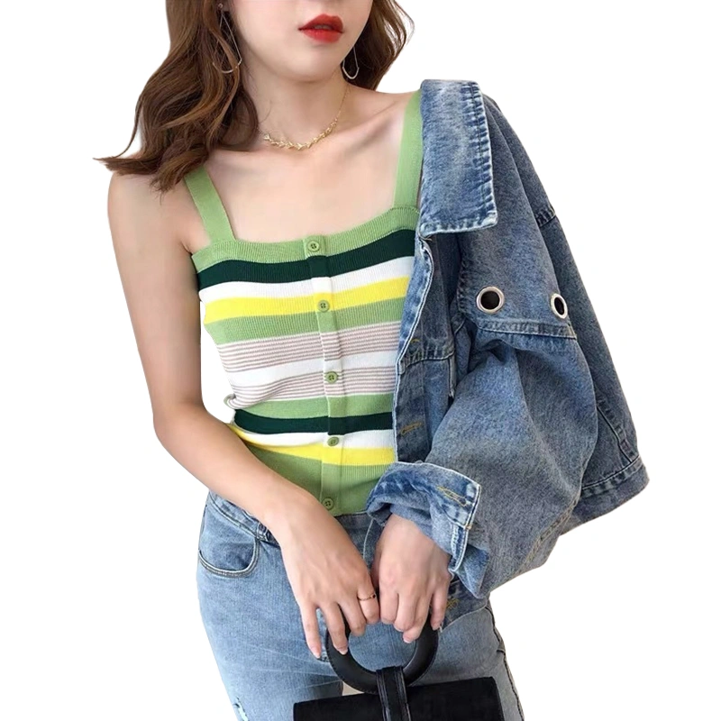 Women Short Camisole, Colorful Stripe Knitted Buttons Sling Crop Top