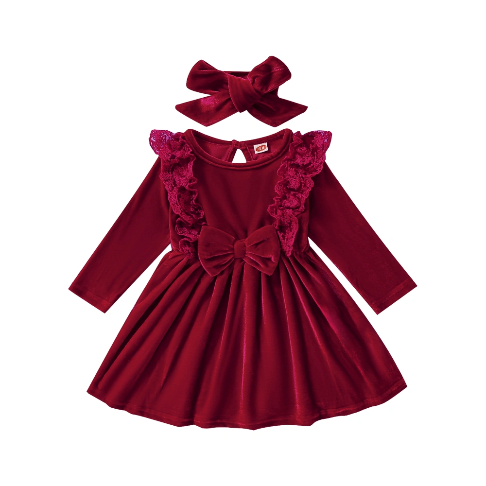 Baby Girls Velvet Dress and Headdress, Long Sleeve Flouncy Skirt